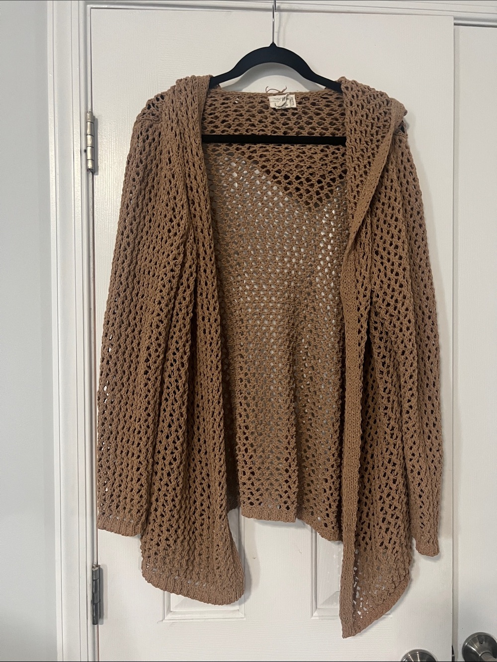 Nicole Miller Open-Weave Hooded Cardigan in Taupe Brown